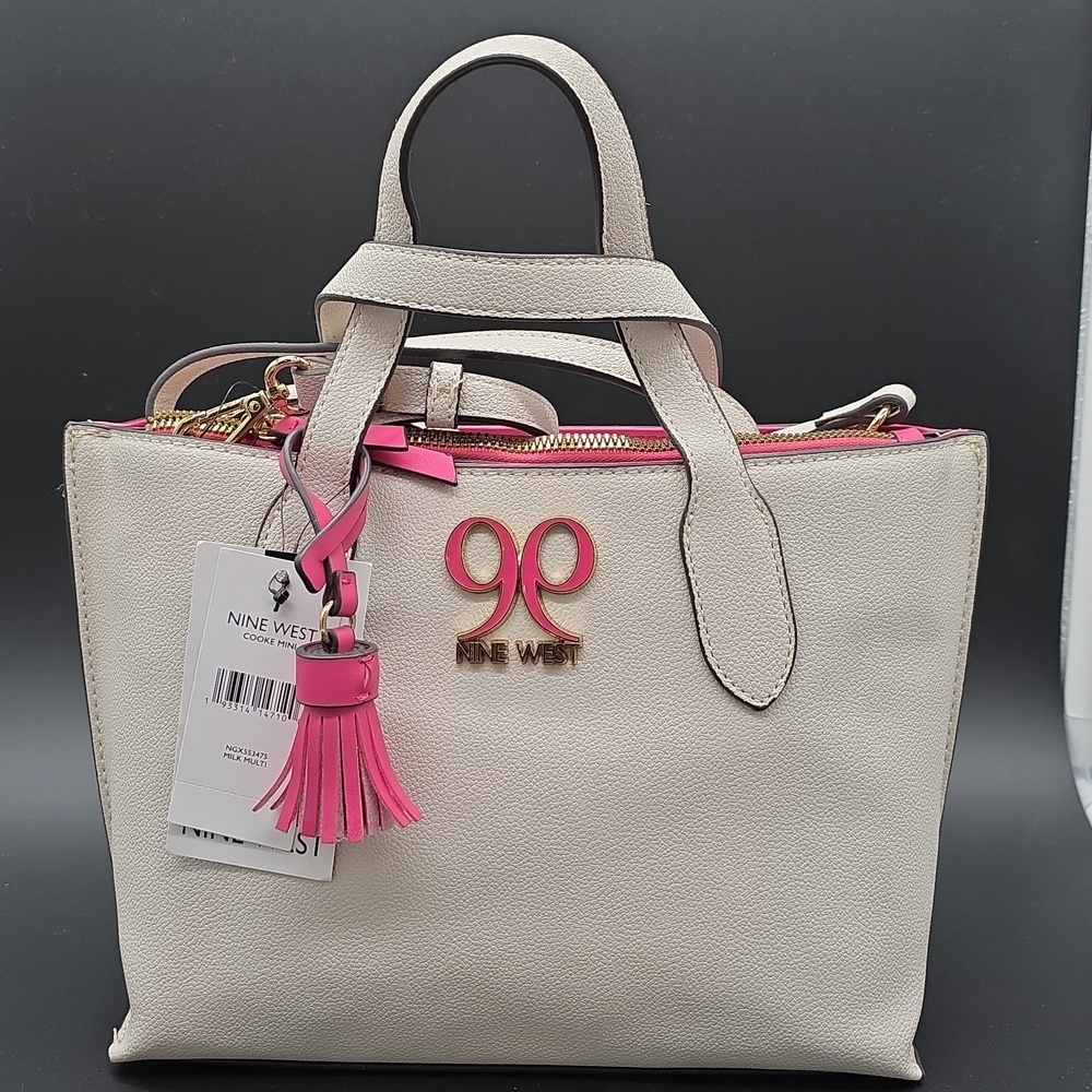 NWT RARE Nine West Cream Tote with Pink Tassel Charm Breast Cancer Awareness